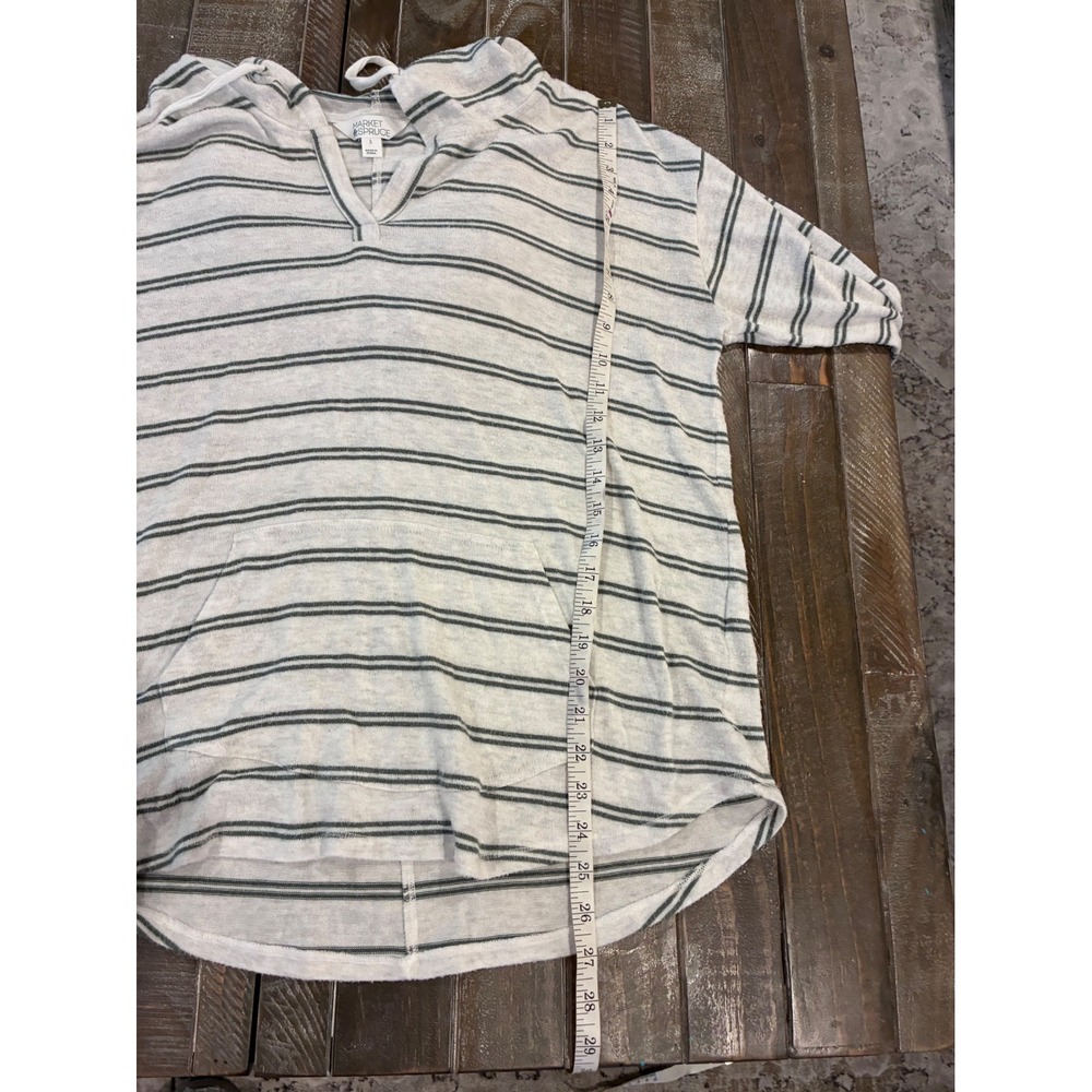 Market & Spruce Women White Grey Striped Knit Hoodie V-Neck Size L - Picture 6 of 6